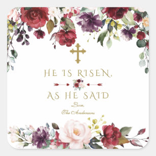 Burgundy Pink Flowers He Is Risen Gold Easter Square Sticker