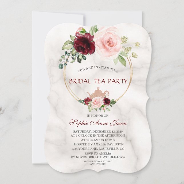 Burgundy Pink Flowers Marble Bridal Tea Party Invitation (Front)