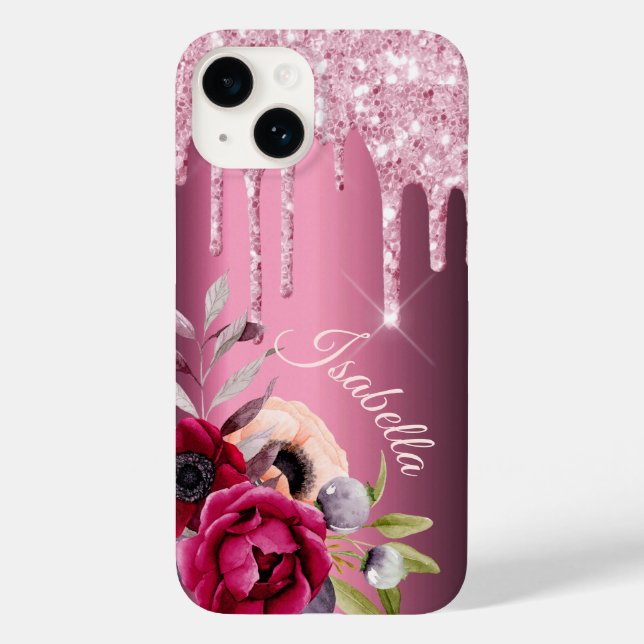 Burgundy pink glitter drips florals name Case-Mate iPhone case (Back)