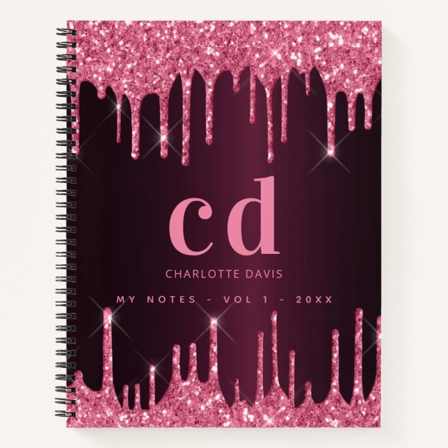Burgundy pink glitter drips monogram initials name notebook (Front)