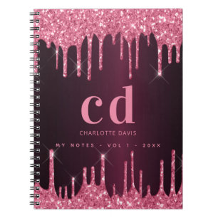 Burgundy pink glitter drips monogram luxury notebook