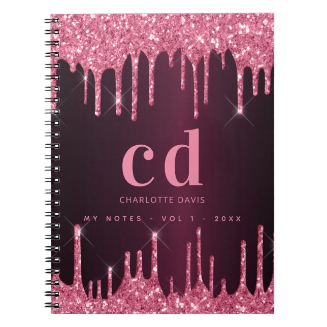 Burgundy pink glitter drips monogram luxury notebook (Front)