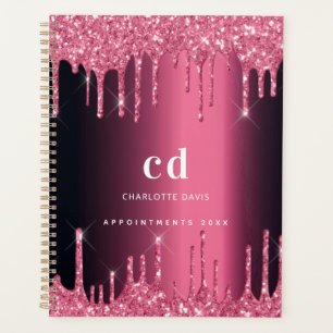 Burgundy pink glitter drips monogram planner