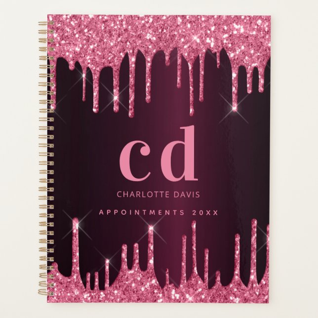 Burgundy pink glitter drips monogrammed planner (Front)