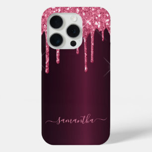Burgundy pink glitter drips purple girly script iPhone 15 pro case