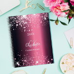 Burgundy pink glitter dust monogram name 2025 planner<br><div class="desc">A burgundy background with pink faux glitter dust.  Personalize and add your first name,  monogram initials,  full name and a year (any year)</div>