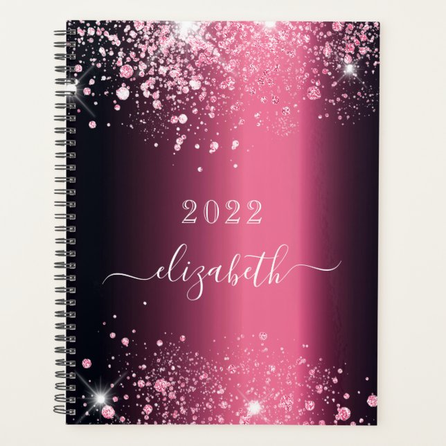 Burgundy pink glitter dust monogram script planner (Front)