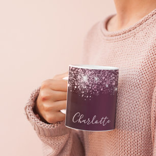 Burgundy pink glitter dust name script coffee mug