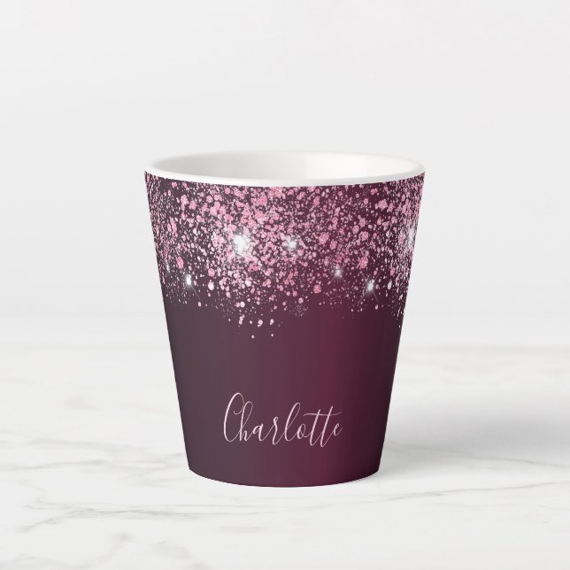 Burgundy pink glitter name script latte mug (Front)