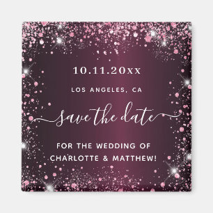 Burgundy pink glitter wedding save the date  magnet