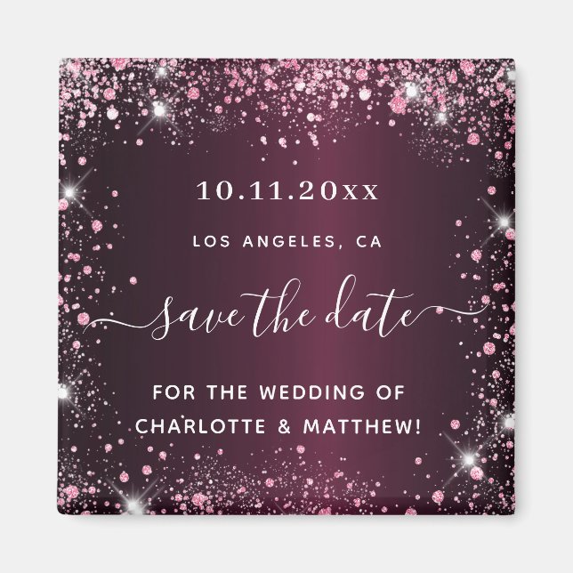 Burgundy pink glitter wedding save the date  magnet (Front)