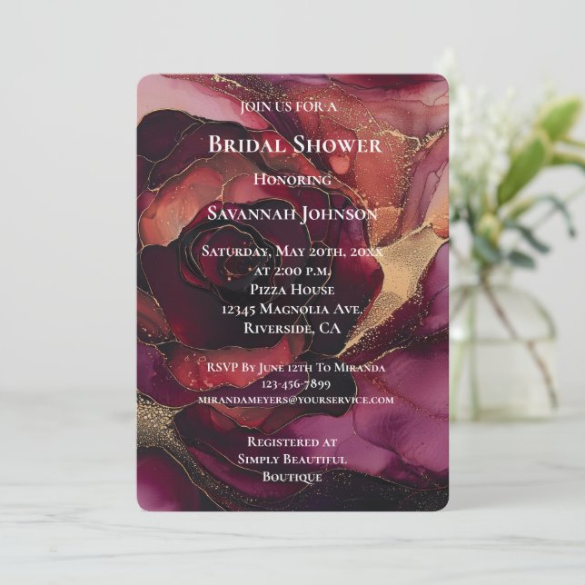 Burgundy Pink Gold Floral Bridal Shower Invitation (Standing Front)