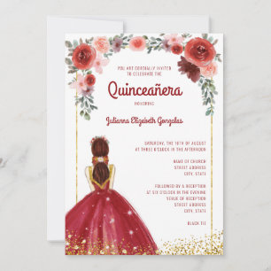 Burgundy Pink Gold Floral Princess Quinceanera Invitation