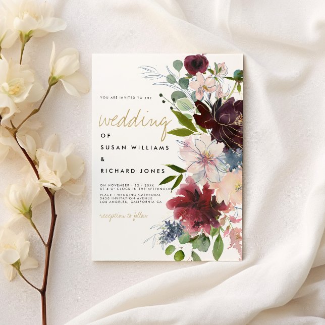 Burgundy pink gold flower bouquet white wedding invitation (Burgundy pink gold flower bouquet white wedding)