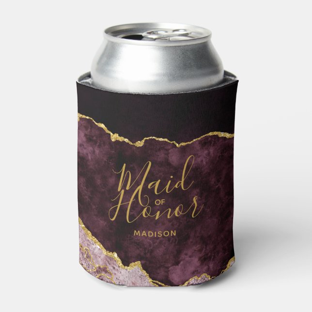 Burgundy Pink Gold Foil Agate Marble Maid of Honou Can Cooler (Can Front)