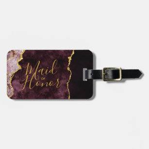 Burgundy Pink Gold Foil Agate Marble Maid of Luggage Tag