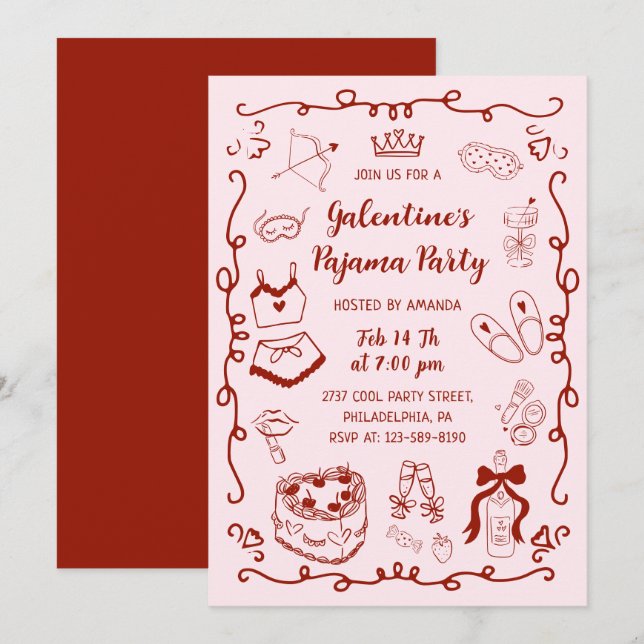 Burgundy Pink Hand Drawn Galentine's Pajama Party Invitation (Front/Back)