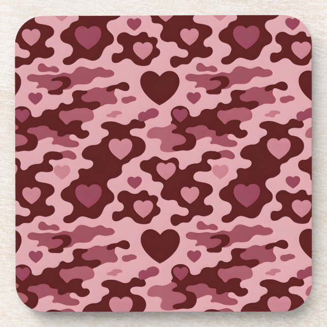 Burgundy Pink Hearts Camo Coaster Set (Front)