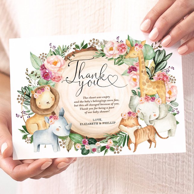 Burgundy Pink Jungle Safari Animals Thank You Card (Creator Uploaded)