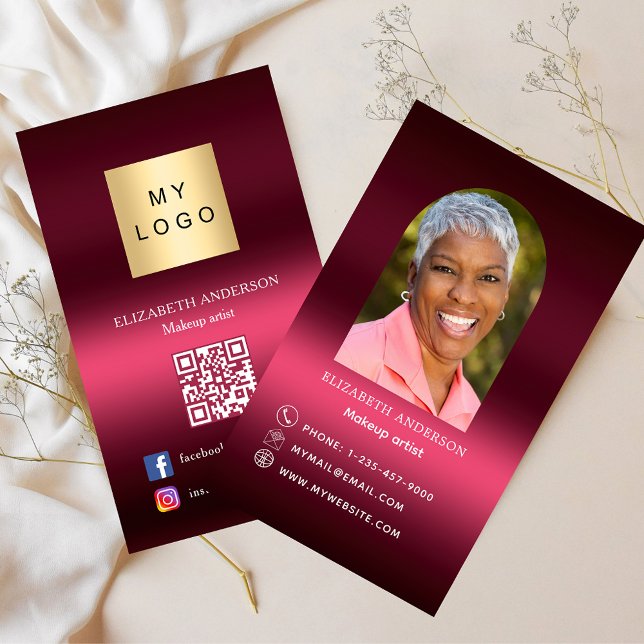Burgundy pink logo photo arch Qr code social media Business Card (Creator Uploaded)