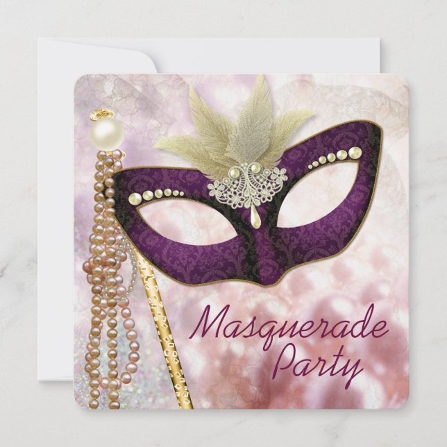Burgundy Pink Masquerade Party Invitation (Front)