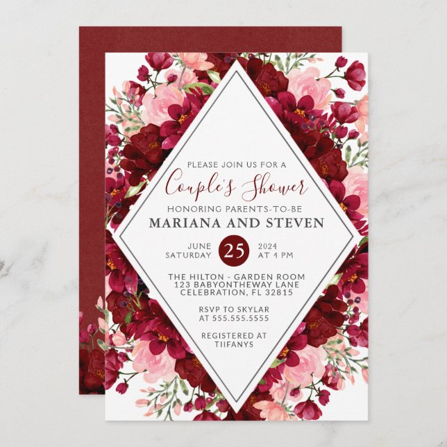 Burgundy Pink Modern Floral Couples Baby Shower Invitation (Front/Back)