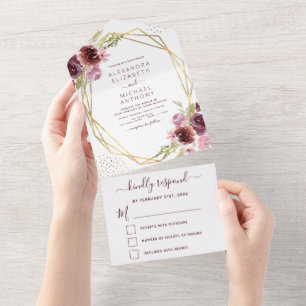 Burgundy Pink Modern Geometric Floral Wedding All In One Invitation