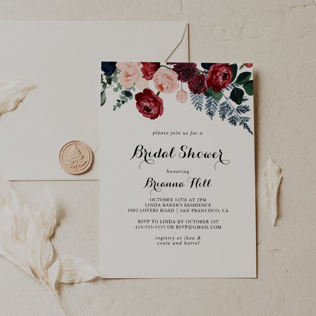 Burgundy Pink Navy Floral Bridal Shower Invitation (Creator Uploaded)