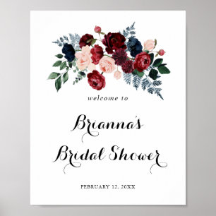 Burgundy Pink Navy Floral Bridal Shower Welcome  Poster