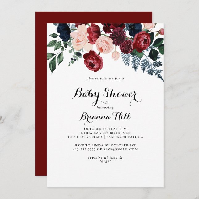 Burgundy Pink Navy Floral Calligraphy Baby Shower Invitation (Front/Back)