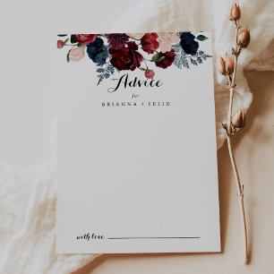 Burgundy Pink Navy Floral Calligraphy Wedding  Advice Card