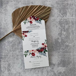 Burgundy Pink Navy Floral Calligraphy Wedding All In One Invitation