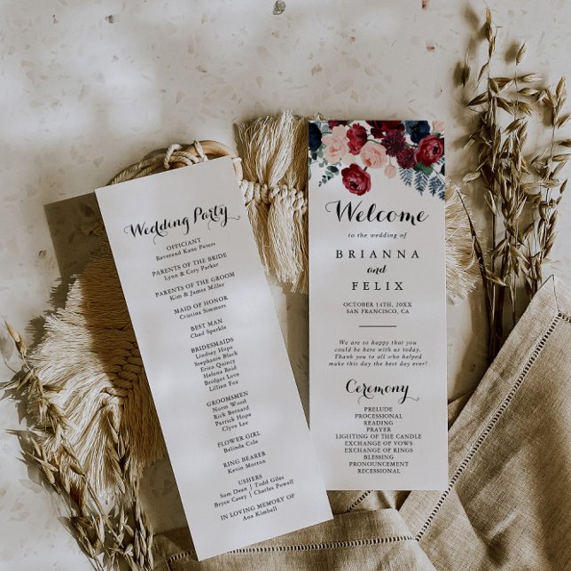 Burgundy Pink Navy Floral Calligraphy Wedding  Program (Creator Uploaded)