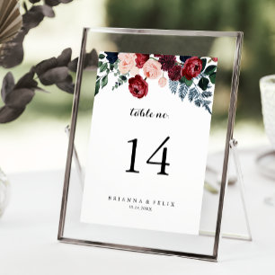 Burgundy Pink Navy Floral Calligraphy Wedding Table Number