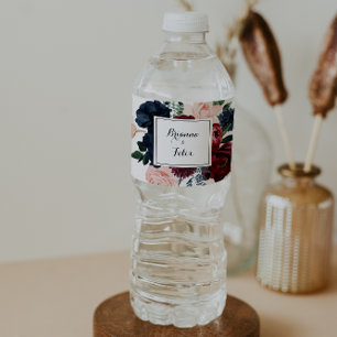 Burgundy Pink Navy Floral Calligraphy Wedding  Water Bottle Label