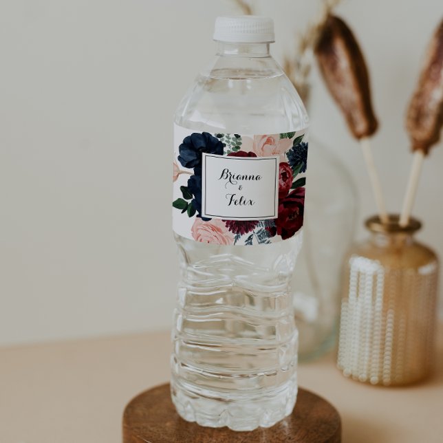 Burgundy Pink Navy Floral Calligraphy Wedding  Water Bottle Label (Creator Uploaded)