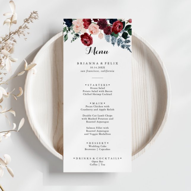 Burgundy Pink Navy Floral Dinner Menu (Creator Uploaded)