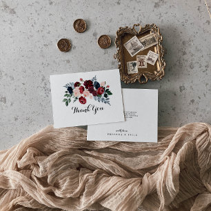 Burgundy Pink Navy Floral Flat Wedding Thank You Card
