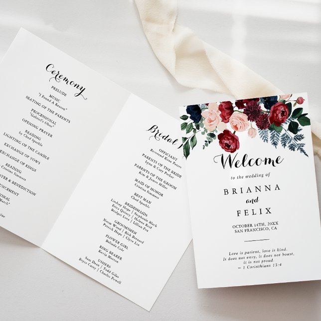 Burgundy Pink Navy Floral Folded Wedding  Program (Creator Uploaded)