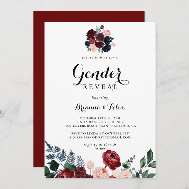Burgundy Pink Navy Floral Gender Reveal Party Invitation (Front/Back)