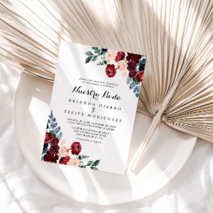 Burgundy Pink Navy Floral Nuestra Boda Wedding Invitation