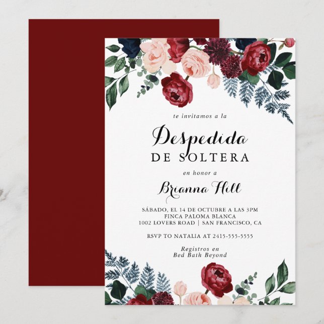 Burgundy Pink Navy Floral Spanish Bridal Shower  Invitation (Front/Back)