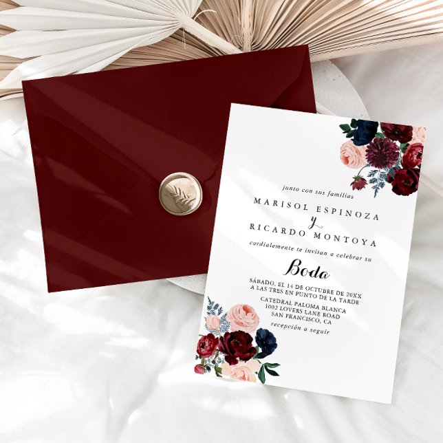 Burgundy Pink Navy Floral Spanish Wedding  Invitation (Creator Uploaded)