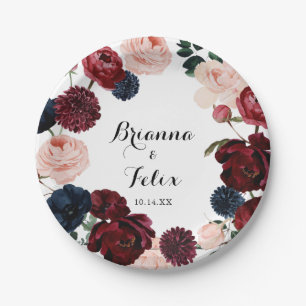 Burgundy Pink Navy Floral Wedding Cake  Paper Plate