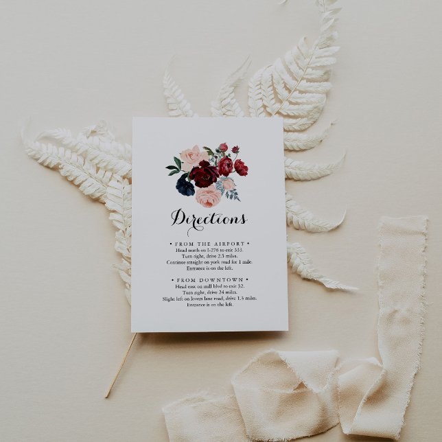 Burgundy Pink Navy Floral Wedding Directions  Enclosure Card (Creator Uploaded)