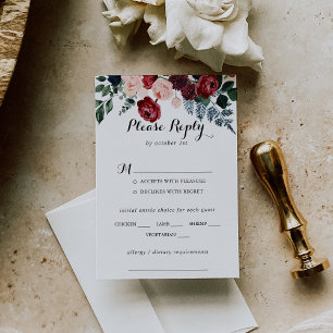 Burgundy Pink Navy Floral Wedding Menu Choice RSVP