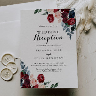 Burgundy Pink Navy Floral Wedding Reception Invitation