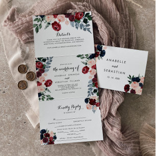 Burgundy Pink Navy Floral Wedding  Tri-Fold Invitation