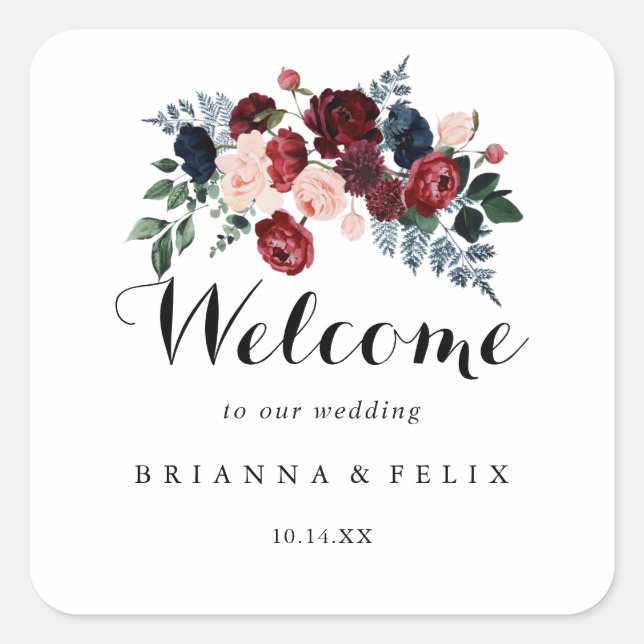Burgundy Pink Navy Floral Wedding Welcome  Square Sticker (Front)