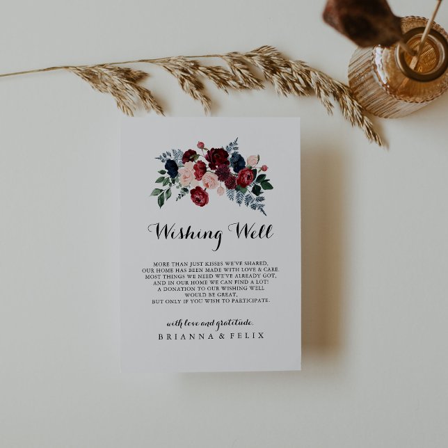 Burgundy Pink Navy Floral Wedding Wishing Well  Enclosure Card (Creator Uploaded)
